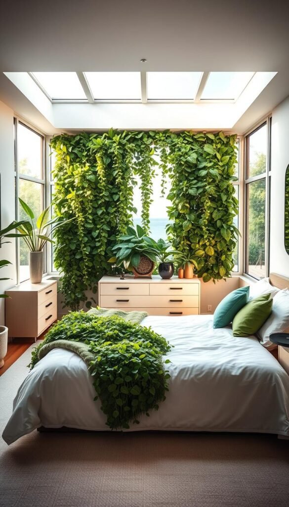 A cozy yet vibrant bedroom, bathed in soft natural light. The focal point is a lush, verdant plant wall, its lively foliage cascading elegantly down the center. In the foreground, a plush, comfortable bed is dressed in crisp, white linens, accented with pops of green in the throw pillows. The middle ground features a sleek, minimalist dresser and nightstands, their clean lines complementing the organic feel. In the background, large windows frame a serene outdoor scene, drawing the eye through the space and creating a sense of visual depth and seamless transition. The overall atmosphere is one of calming tranquility, enhanced by subtle, warm lighting that casts a gentle glow throughout the room.