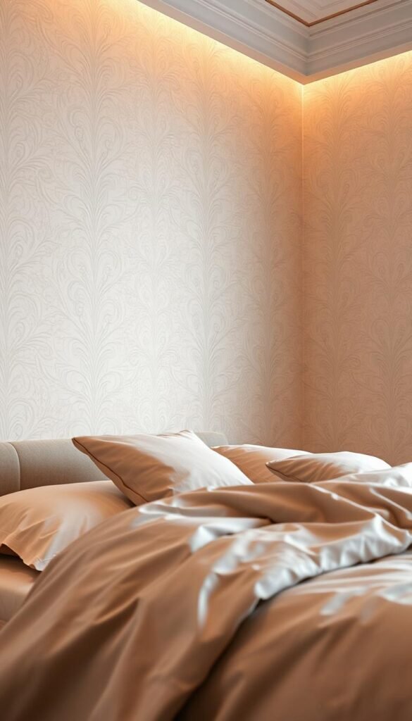 A delicately patterned, luxurious bedroom wallpaper with a soft, muted color palette. The wallpaper features a subtle, intricate design with interwoven floral or geometric motifs, creating a sense of elegance and sophistication. The lighting is warm and diffused, casting a gentle glow that enhances the depth and texture of the wallpaper. The camera angle captures a mid-level view, showcasing the wallpaper's seamless pattern and how it integrates harmoniously with the other bedroom furnishings, such as a plush, neutral-toned bedding set. The overall atmosphere is one of refined comfort and timeless beauty, inviting the viewer to imagine themselves in a serene, tranquil space.