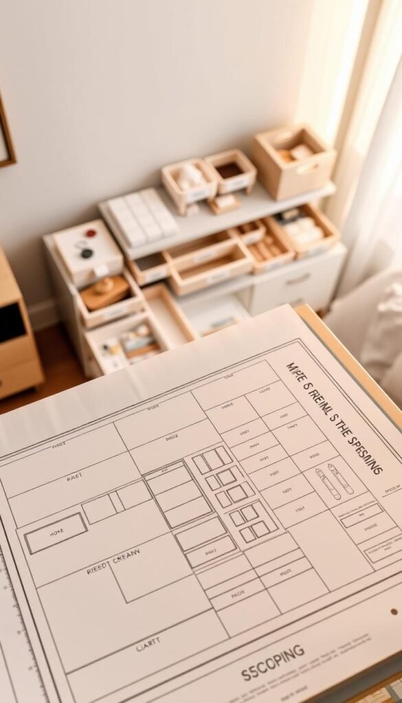 A detailed blueprint for a perfectly organized chest of drawers, illuminated by soft, warm lighting and shot from an elevated angle. In the foreground, a hand-drawn layout showcases the optimal arrangement of drawers, dividers, and storage compartments. The middle ground features various organizational tools and accessories, such as labeled bins, trays, and drawer organizers, arranged in a visually appealing and practical manner. The background subtly blends a minimalist, neutral-toned bedroom setting, allowing the blueprint to take center stage. The overall composition conveys a sense of order, efficiency, and design-forward aesthetic, perfectly aligning with the article's subject and section title.