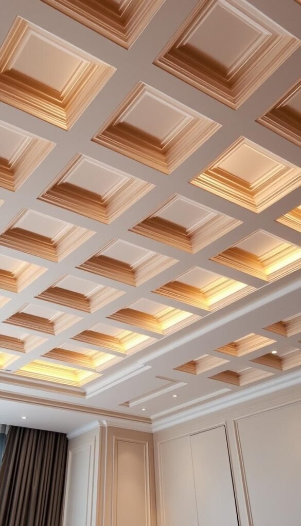 A detailed, elegantly designed coffered ceiling with recessed boxes, illuminated by soft, warm lighting from above. The pattern of the recessed squares creates a rhythmic, architectural drama, adding visual interest and depth to the modern bedroom interior. The surface has a smooth, seamless finish, with crisp edges and clean lines. The lighting casts subtle shadows, highlighting the depth and dimensionality of the coffered design. The overall atmosphere is one of sophistication, tranquility, and timeless elegance, perfectly complementing the serene, minimalist décor of the bedroom.