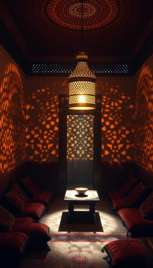 A dimly lit Moroccan-style room, illuminated by a stunning brass lantern suspended from the ceiling, casting a warm, golden glow. The intricate metal latticework casts intricate shadows across the walls, adorned with vibrant patterned textiles and richly colored cushions. A low wooden table sits in the center, surrounded by plush floor pillows, creating a cozy and inviting ambiance. The room is bathed in a soft, atmospheric light, evoking the essence of traditional Moroccan design and lending an air of tranquility and relaxation. A dimly lit Moroccan-style room, illuminated by a stunning brass lantern suspended from the ceiling, casting a warm, golden glow. The intricate metal latticework casts intricate shadows across the walls, adorned with vibrant patterned textiles and richly colored cushions. A low wooden table sits in the center, surrounded by plush floor pillows, creating a cozy and inviting ambiance. The room is bathed in a soft, atmospheric light, evoking the essence of traditional Moroccan design and lending an air of tranquility and relaxation.