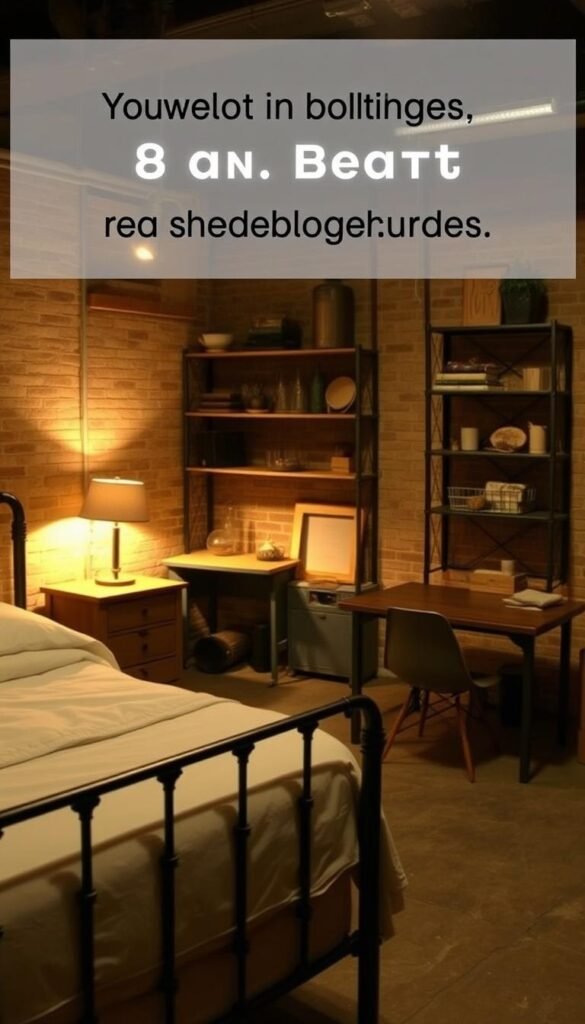 A dimly lit industrial-style bedroom with affordable, utilitarian furniture pieces. In the foreground, a sturdy metal-framed bed with a simple cotton duvet. Beside it, a weathered wood nightstand with a minimalist table lamp. In the middle ground, a distressed metal desk and chair set, perfect for a home office. In the background, open shelving showcases an assortment of rustic, repurposed decor items. Warm, soft lighting creates a cozy, inviting ambiance, while the exposed brick walls and concrete floor add an authentic industrial touch. The overall scene evokes a sense of understated elegance and functionality on a budget.