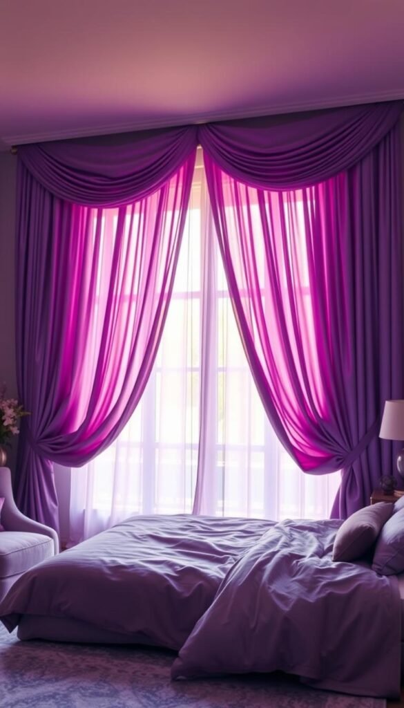 A dreamy, cozy purple bedroom with a stunning focal point - a large picture window adorned with luxurious, flowing curtains in a rich, regal shade of purple. The curtains are made of a soft, shimmering fabric that cascades gracefully, creating a sense of elegance and sophistication. Warm, diffused lighting filters through the curtains, casting a warm, ambient glow throughout the space. The bedroom is decorated in complementary tones of lavender and amethyst, with plush bedding and accents that create a serene and inviting atmosphere. The overall scene evokes a sense of tranquility and relaxation, perfect for a modern, purple-themed bedroom.