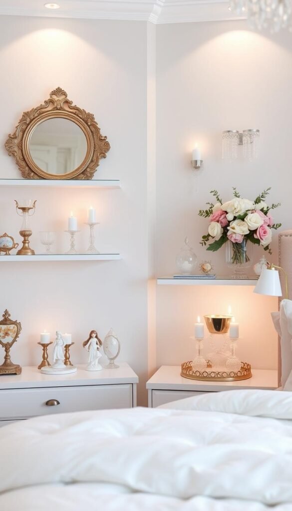 A dreamy, well-curated collection of decorative accents in a modern princess-inspired bedroom. Soft, diffused lighting illuminates a variety of delicate, feminine accessories arranged on floating shelves and side tables: ornate mirrored trays, crystal candle holders, vases with lush floral arrangements, delicate porcelain figurines, and a cluster of elegant glass bottles. The color palette is muted and pastel, with hints of blush, lavender, and ivory. The overall atmosphere is one of refined elegance and effortless sophistication, evoking a sense of enchantment and whimsy. A dreamy, well-curated collection of decorative accents in a modern princess-inspired bedroom. Soft, diffused lighting illuminates a variety of delicate, feminine accessories arranged on floating shelves and side tables: ornate mirrored trays, crystal candle holders, vases with lush floral arrangements, delicate porcelain figurines, and a cluster of elegant glass bottles. The color palette is muted and pastel, with hints of blush, lavender, and ivory. The overall atmosphere is one of refined elegance and effortless sophistication, evoking a sense of enchantment and whimsy.