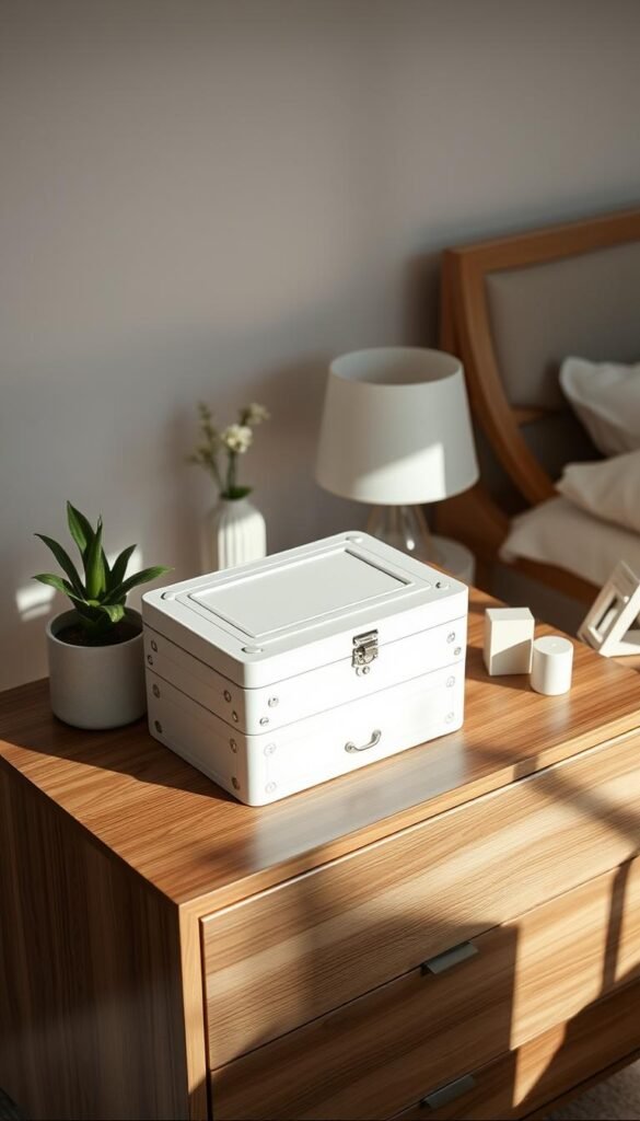 A functional and stylish jewelry box rests gracefully on a modern wooden dresser, bathed in soft, warm lighting that casts a cozy glow. The box features intricate details, with a sleek, minimalist design that complements the serene, neutral-toned bedroom decor. Surrounding the jewelry box are carefully curated decorative elements, such as a potted plant, a small vase of fresh flowers, and a few carefully placed trinkets, creating a harmonious and visually appealing display. The overall scene evokes a sense of elegance and practicality, seamlessly integrating the jewelry box into the bedroom's contemporary, yet inviting ambiance.