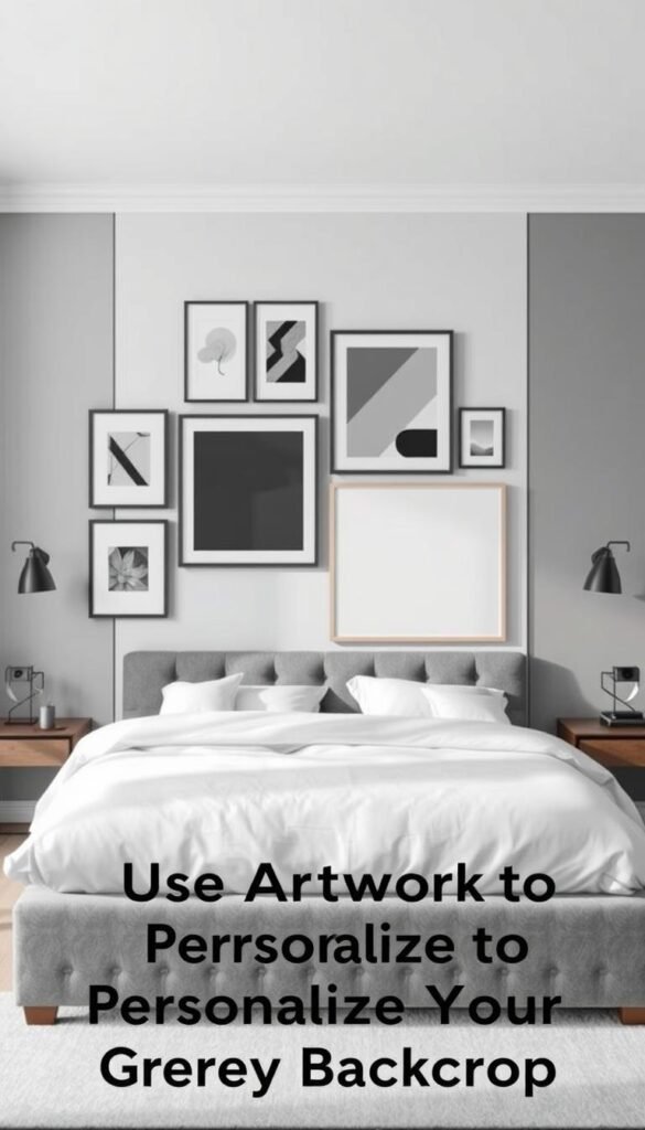 A grey bedroom with a modern, minimalist aesthetic. In the foreground, an artistic display of framed wall art in various shades of grey, arranged in a visually striking, asymmetrical pattern. The frames are sleek and minimalist, allowing the artwork to take center stage. In the middle ground, a low-profile, grey upholstered bed frame with crisp, white bedding. The lighting is soft and diffused, creating a calming, serene atmosphere. The background features a neutral, grey accent wall, providing a clean, contemporary backdrop that allows the artwork to stand out. The overall scene exudes a sense of sophistication and personalised style, perfectly complementing the section title "Use Artwork to Personalize Your Grey Backdrop".