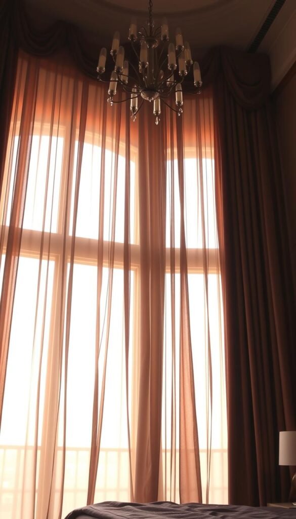 A lavish, high-ceiling bedroom with dramatic, flowing curtains cascading from tall windows. The sheer, billowing drapes are made of luxurious silk or velvet in a rich, jewel-toned color, elegantly framing the view beyond. Soft, warm lighting from a modern chandelier above casts a flattering glow, creating an inviting, glamorous atmosphere. The curtain fabric moves gently in a subtle breeze, adding a sense of graceful movement to the scene. The curtains are arranged in lush, full folds, creating a sense of luxurious opulence that complements the overall high-end, modern glam aesthetic of the bedroom design.