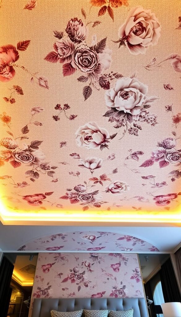 A lavish, modern bedroom ceiling adorned with an exquisite floral wallpaper pattern. The design features a lush array of stylized roses, peonies, and other botanicals, rendered in a sophisticated palette of soft, muted hues. The wallpaper has a shimmering, textured finish that catches the warm, ambient light, creating a sense of opulence and elegance. The pattern is arranged in a symmetrical, repeating motif, drawing the eye upward and creating a focal point that enhances the sense of luxury and refinement. The overall composition evokes a feeling of tranquility and sophistication, perfectly complementing the sophisticated decor of the modern bedroom.