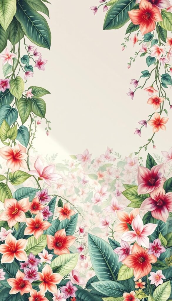 A lush, botanical wallpaper pattern featuring an abundance of vibrant, hand-drawn flowers and foliage. The foreground showcases a captivating array of delicate blooms, including large tropical leaves, climbing vines, and vibrant petals in a variety of colors such as deep greens, soft pinks, and rich purples. The middle ground features a layered, repeating pattern of these floral elements, creating a sense of depth and visual interest. The background maintains a soothing, muted palette, allowing the botanical elements to take center stage. The lighting is soft and diffused, evoking a tranquil, serene atmosphere, perfect for a modern, nature-inspired bedroom sanctuary. A lush, botanical wallpaper pattern featuring an abundance of vibrant, hand-drawn flowers and foliage. The foreground showcases a captivating array of delicate blooms, including large tropical leaves, climbing vines, and vibrant petals in a variety of colors such as deep greens, soft pinks, and rich purples. The middle ground features a layered, repeating pattern of these floral elements, creating a sense of depth and visual interest. The background maintains a soothing, muted palette, allowing the botanical elements to take center stage. The lighting is soft and diffused, evoking a tranquil, serene atmosphere, perfect for a modern, nature-inspired bedroom sanctuary.