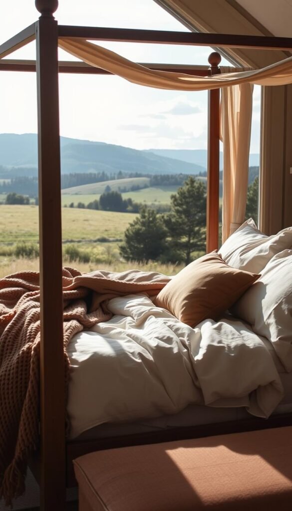 A lush, natural landscape serves as the backdrop, with a serene, sun-dappled meadow and rolling hills in the distance. In the foreground, a luxurious, handcrafted four-poster bed is draped in an array of sumptuous, natural fabrics. Crisp linen sheets, a plush velvet duvet, and a knit throw blanket in earthy tones create a cozy, inviting atmosphere. Soft, diffused lighting filters in through large, open windows, casting a warm, golden glow over the scene. The bedding appears soft, yet substantial, exuding an air of effortless elegance and comfort. This serene, French country-inspired setting evokes a sense of tranquility and relaxation. A lush, natural landscape serves as the backdrop, with a serene, sun-dappled meadow and rolling hills in the distance. In the foreground, a luxurious, handcrafted four-poster bed is draped in an array of sumptuous, natural fabrics. Crisp linen sheets, a plush velvet duvet, and a knit throw blanket in earthy tones create a cozy, inviting atmosphere. Soft, diffused lighting filters in through large, open windows, casting a warm, golden glow over the scene. The bedding appears soft, yet substantial, exuding an air of effortless elegance and comfort. This serene, French country-inspired setting evokes a sense of tranquility and relaxation.