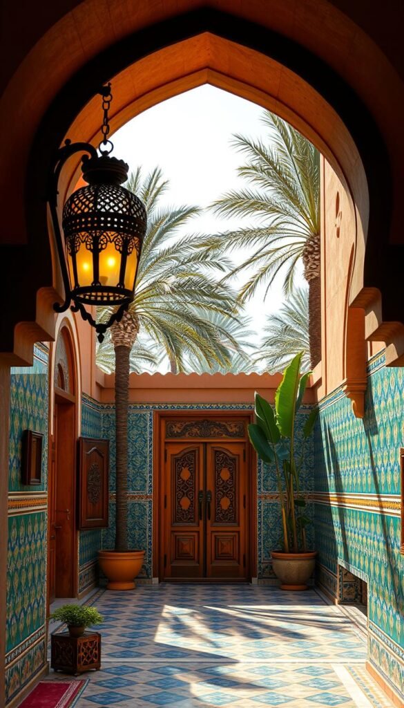A lush, vibrant scene depicting the timeless cultural influences of Morocco. In the foreground, intricate Moorish archways frame an expansive courtyard, adorned with vibrant tiles in rich hues of blue, green, and ochre. Decorative metalwork lanterns cast a warm, ambient glow, illuminating the intricate patterns. In the middle ground, ornate wooden doors lead to private chambers, their carved details hinting at the luxurious interiors beyond. In the background, the silhouettes of towering palm trees sway gently, their fronds casting delicate shadows across the scene. The overall atmosphere evokes a sense of timeless elegance, blending traditional Moroccan aesthetics with a modern, sophisticated sensibility. A lush, vibrant scene depicting the timeless cultural influences of Morocco. In the foreground, intricate Moorish archways frame an expansive courtyard, adorned with vibrant tiles in rich hues of blue, green, and ochre. Decorative metalwork lanterns cast a warm, ambient glow, illuminating the intricate patterns. In the middle ground, ornate wooden doors lead to private chambers, their carved details hinting at the luxurious interiors beyond. In the background, the silhouettes of towering palm trees sway gently, their fronds casting delicate shadows across the scene. The overall atmosphere evokes a sense of timeless elegance, blending traditional Moroccan aesthetics with a modern, sophisticated sensibility.