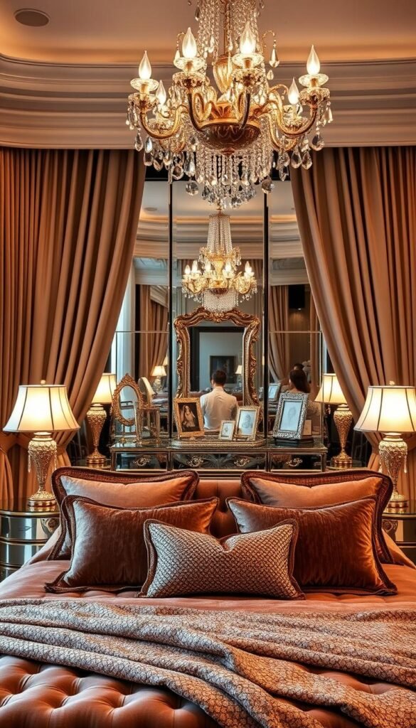 A luxurious and glamorous bedroom, bathed in warm, soft lighting. In the foreground, a plush, velvet-upholstered bed adorned with shimmering metallic accents and cascading, sheer drapes. On the nightstands, crystal-embellished lamps cast a romantic glow. The middle ground features a mirrored vanity with gilded hardware, surrounded by ornate picture frames and decorative trays. In the background, a statement chandelier hangs elegantly, its crystal prisms refracting the light. The overall ambiance is one of opulence and sophistication, creating a high-end, visually captivating glam bedroom design.