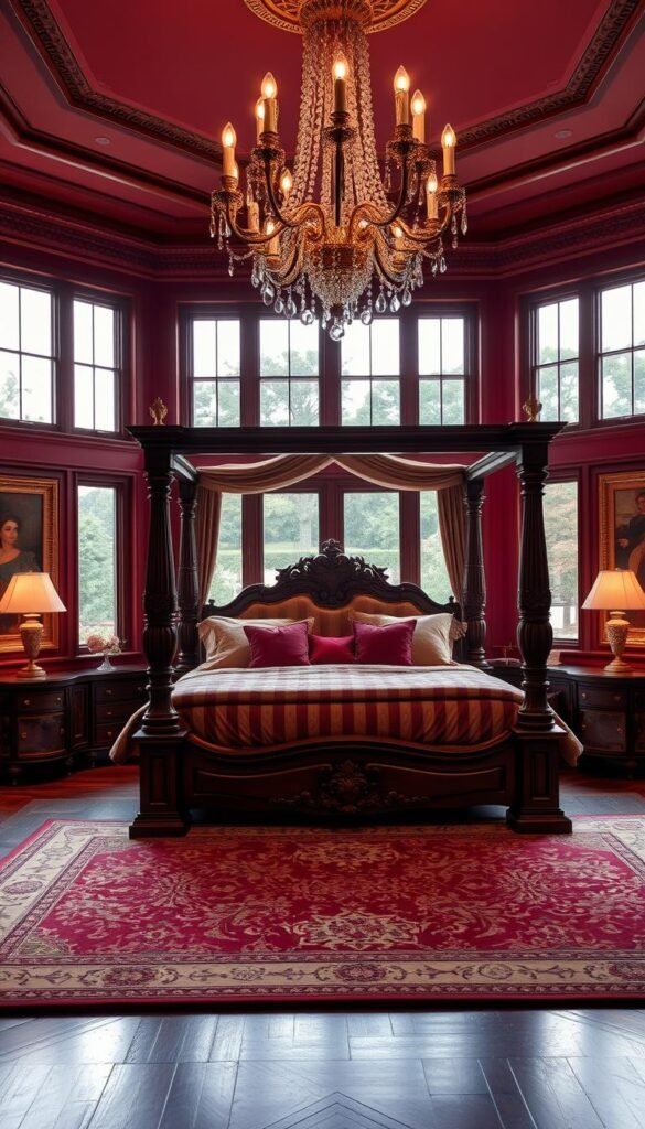 A luxurious and inviting bedroom, bathed in a warm color palette of rich burgundy, deep plum, and hints of gold. The main focus is a grand, four-poster bed with ornate, carved headboard and soft, plush bedding. Flanking the bed are elegant, antique-inspired nightstands with brass accents. The room is illuminated by a stunning crystal chandelier, casting a soft, ambient glow. The floors are covered in a luxurious, patterned area rug, and the walls are adorned with framed artwork in gilded frames. Large windows offer a glimpse of the outside, letting in natural light and a view of a manicured garden. The overall atmosphere exudes an air of refined sophistication and opulence.