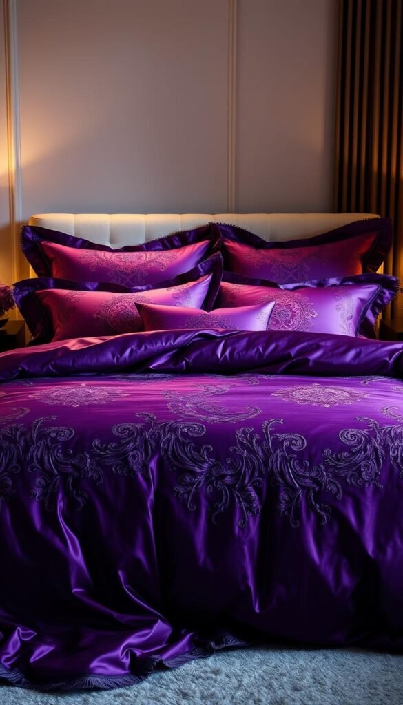 A luxurious bedding set in a rich, deep purple hue, meticulously crafted with high-quality satin and velvet materials. The bedding features elegant embroidered patterns, intricate quilting, and plush throw pillows, creating a lavish, designer-inspired look. Soft, warm lighting casts a romantic glow, illuminating the bedding's luxurious textures and highlighting its sumptuous appearance. The scene is set against a backdrop of a contemporary, minimalist bedroom with clean lines and neutral tones, allowing the vibrant purple bedding to be the true focal point, exuding a sense of opulence and sophistication.
