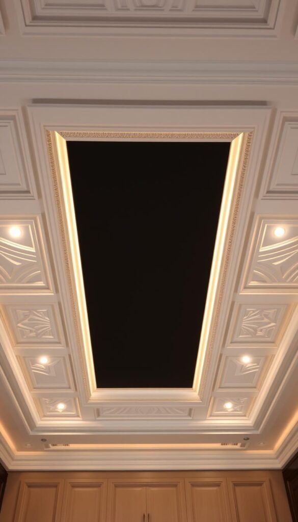 A luxurious bedroom ceiling with intricate panels and recessed lighting. The center panel is a sleek, minimalist design in matte black, surrounded by an ornate border of white molding and subtle uplighting. The side panels feature a geometric pattern of raised and recessed sections, creating depth and texture. Warm, soft lighting from the recessed fixtures casts a gentle glow across the entire ceiling, evoking a cozy, sophisticated ambiance. Smooth, clean lines and a balanced, symmetrical layout lend an air of refined elegance to the space.