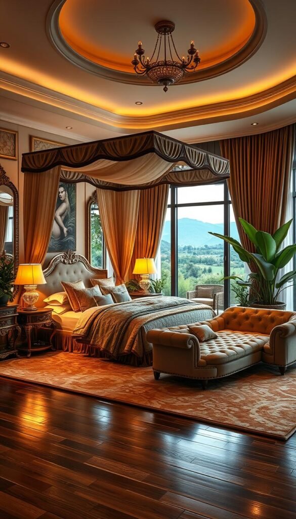 A luxurious bedroom in a modern mansion, bathed in soft, warm lighting. The focal point is a grand, canopy bed adorned with plush, shimmering fabrics and elegant, high-quality linens. Strategically placed, ornate side tables hold decadent lamps that cast a cozy glow throughout the space. A sprawling, tufted chaise lounge sits adjacent, inviting relaxation. The walls are adorned with exquisite artwork and mirrors that reflect the room's opulence. Lush, verdant plants add a touch of nature, while thick, flowing curtains frame large windows overlooking a picturesque landscape. Polished, hardwood floors are covered by a sumptuous, patterned area rug. The overall atmosphere is one of refined elegance and understated luxury.