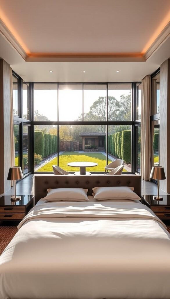 A luxurious, contemporary master bedroom in a modern mansion. The foreground features a plush king-size bed with crisp white linens and a tufted leather headboard. Flanking the bed are mid-century modern nightstands with sleek, metallic lamps. In the middle ground, a floor-to-ceiling window offers a panoramic view of a manicured garden. Natural light streams in, casting a warm, golden glow throughout the space. The background showcases a minimalist sitting area with a low-profile sofa and a sculptural coffee table. Subtle textural elements, such as a fur throw and a woven area rug, add depth and sophistication. The overall atmosphere is one of refined elegance and understated luxury.