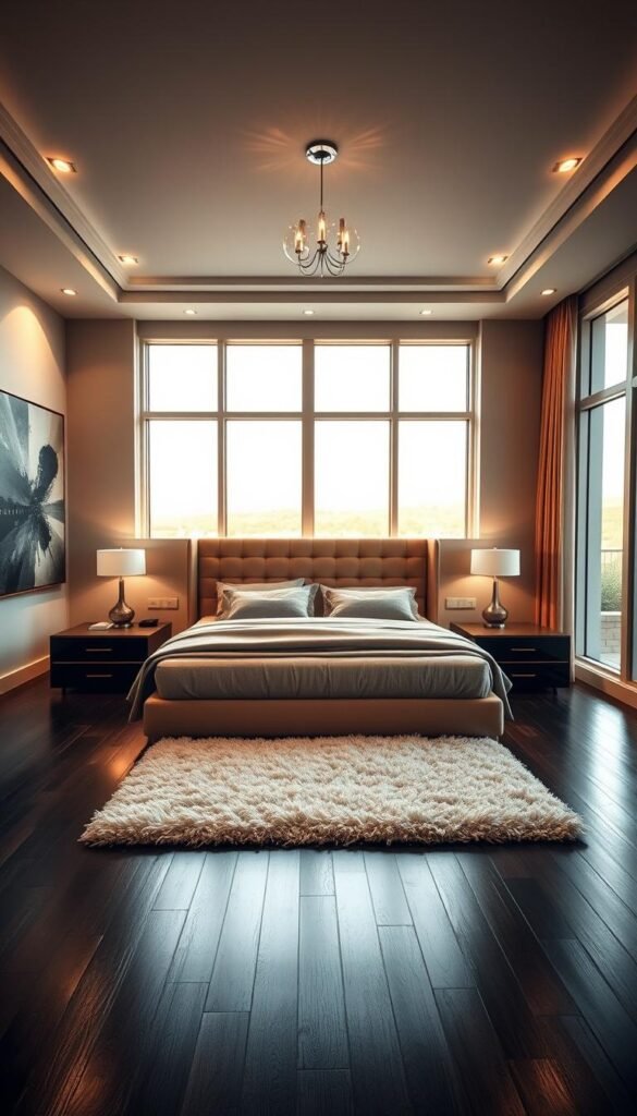 A luxurious, contemporary master bedroom with an elegant, minimalist design. The focal point is a grand, king-size bed with a plush, tufted headboard in a neutral, earthy tone. Beside the bed, two sleek, nightstands with clean lines and metallic accents. In the foreground, a shaggy, ivory area rug softens the dark hardwood floors. Large, picture windows flood the space with natural light, casting a warm, golden glow. The walls are adorned with abstract, modern artwork in muted hues. Subtle, recessed lighting illuminates the room, creating a serene and inviting ambiance. Distant, ambient lighting from a chandelier or pendant fixture adds a touch of sophistication. The overall aesthetic is one of refined sophistication and unparalleled comfort.