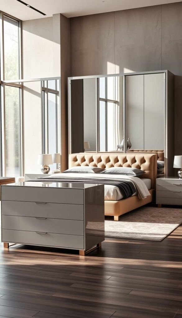 A luxurious, free-standing bedroom furniture set elegantly situated in a modern, sun-drenched room. In the foreground, a sleek, minimalist dresser with clean lines and a glossy finish stands prominently. Behind it, a tall, freestanding wardrobe with mirrored doors reflects the natural light flooding in through large windows. In the middle ground, a plush, upholstered bed frame with a tufted headboard takes center stage, flanked by matching nightstands with subtle lighting. The background features a serene, neutral-toned wall, enhancing the sophisticated, high-end ambiance. The overall scene conveys a sense of effortless sophistication and timeless, multifunctional design. A luxurious, free-standing bedroom furniture set elegantly situated in a modern, sun-drenched room. In the foreground, a sleek, minimalist dresser with clean lines and a glossy finish stands prominently. Behind it, a tall, freestanding wardrobe with mirrored doors reflects the natural light flooding in through large windows. In the middle ground, a plush, upholstered bed frame with a tufted headboard takes center stage, flanked by matching nightstands with subtle lighting. The background features a serene, neutral-toned wall, enhancing the sophisticated, high-end ambiance. The overall scene conveys a sense of effortless sophistication and timeless, multifunctional design.