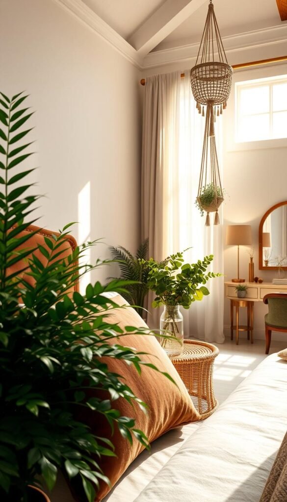 A luxurious glam bedroom with natural elements. In the foreground, a lush potted fern casts soft shadows on a plush velvet headboard and pillows. The middle ground features a rattan side table holding a glass vase of fresh eucalyptus. Beams of warm natural light stream through sheer curtains, illuminating the room's high ceilings and whitewashed walls. In the background, a hanging macrame plant holder sways gently, complementing the organic textures. Subtle metallic accents like a gold table lamp and mirrored vanity add a touch of glamour, creating a serene and balanced ambiance.