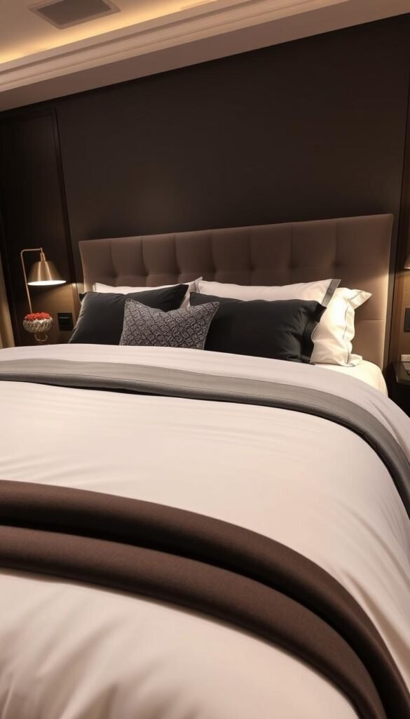 A luxurious king-sized bed with a plush, pillow-top mattress and crisp, white high-thread count sheets. The bedding features a sophisticated gray and charcoal color palette, with a layered design of a sumptuous duvet, decorative throw pillows, and a cashmere-blend blanket. Soft, ambient lighting from a pair of modern metal and glass bedside lamps casts a warm glow, creating a cozy and inviting atmosphere. The scene is captured from a low angle, emphasizing the grandeur and comfort of the well-appointed sleeping space.