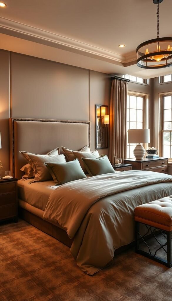 A luxurious master bedroom bathed in warm, inviting hues. The centerpiece is a sumptuous king-sized bed adorned with plush, high-thread-count linens in a rich, earthy palette of camel, beige, and sage. Tasteful accent pieces such as a pair of elegant nightstands and a stylish dresser complement the serene color scheme. Soft, indirect lighting from sconces and a pendant fixture casts a cozy, ambient glow, highlighting the room's sophisticated textures - polished wood, velvet, and natural fibers. Large windows allow natural light to filter in, creating a tranquil, spa-like ambiance. The overall effect is one of refined elegance and relaxation, a true oasis of luxury.