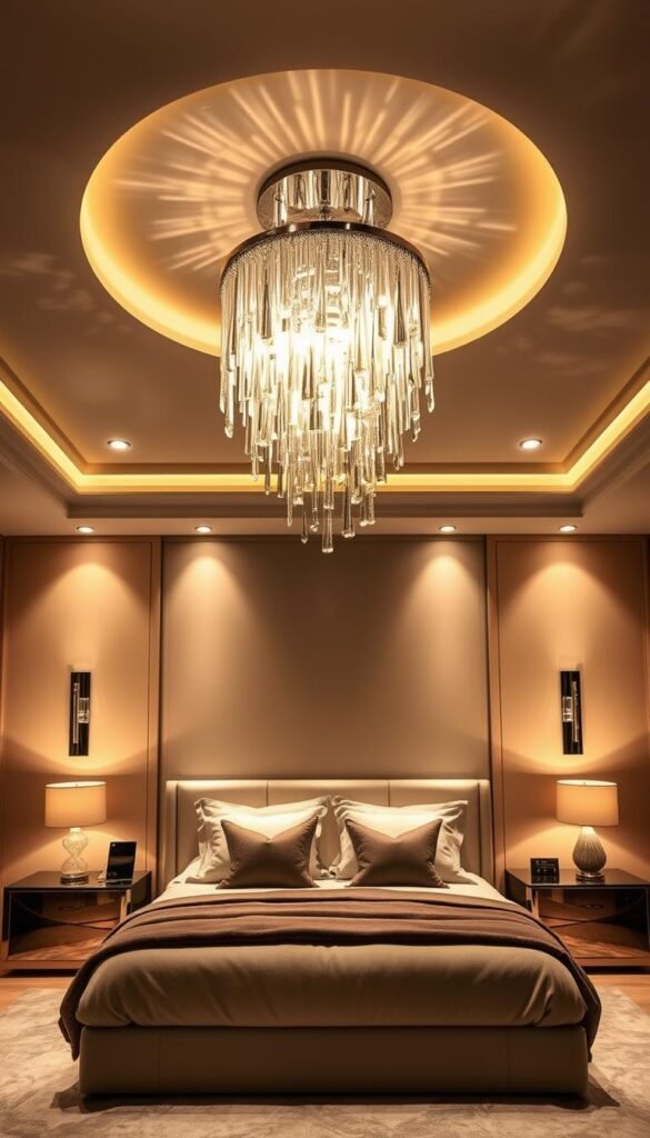 A luxurious master bedroom flooded with warm, ambient lighting that creates a cozy, inviting atmosphere. The centerpiece is a striking, modern chandelier featuring cascading glass shards that refract the light, casting mesmerizing patterns across the walls. Wall sconces with adjustable brightness flank the bed, providing a soft, intimate glow. Recessed ceiling lights bathe the space in an even, flattering illumination, while a pair of table lamps on the nightstands offer targeted reading light. The overall lighting design seamlessly blends form and function, elevating the space into a true statement of modern luxury. A luxurious master bedroom flooded with warm, ambient lighting that creates a cozy, inviting atmosphere. The centerpiece is a striking, modern chandelier featuring cascading glass shards that refract the light, casting mesmerizing patterns across the walls. Wall sconces with adjustable brightness flank the bed, providing a soft, intimate glow. Recessed ceiling lights bathe the space in an even, flattering illumination, while a pair of table lamps on the nightstands offer targeted reading light. The overall lighting design seamlessly blends form and function, elevating the space into a true statement of modern luxury.