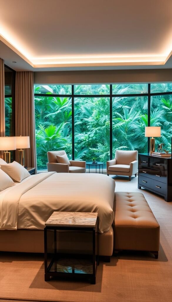 A luxurious master bedroom showcasing an elegant selection of furniture. In the foreground, a plush king-sized bed with a tufted headboard and crisp white linens. Beside it, a pair of matching nightstands with sleek marble tops and contemporary table lamps casting a warm glow. In the middle ground, a sophisticated dresser with clean lines and polished hardware. A cozy seating area is situated near a large window, featuring a deeply cushioned armchair and a low-profile loveseat in a neutral tone. The background is filled with lush greenery visible through the window, creating a serene and tranquil atmosphere. Soft, diffused lighting from hidden sources illuminates the space, evoking a sense of refined luxury and ultimate comfort.
