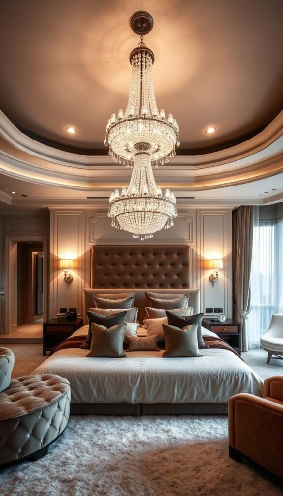 A luxurious master bedroom with a warm, inviting ambiance. The focal point is a lavish king-sized bed draped in high-thread-count linens and plush velvet pillows. Overhead, a stunning crystal chandelier casts a soft, diffused glow, complemented by recessed spotlights that accentuate the room's architectural details. Elegant sconces flank the bed, casting a gentle light that creates a cozy, intimate atmosphere. The room is adorned with luxurious textiles, including a velvet chaise lounge and a plush area rug. Large windows offer sweeping views, while sheer curtains filter the natural light, creating a tranquil, serene setting.