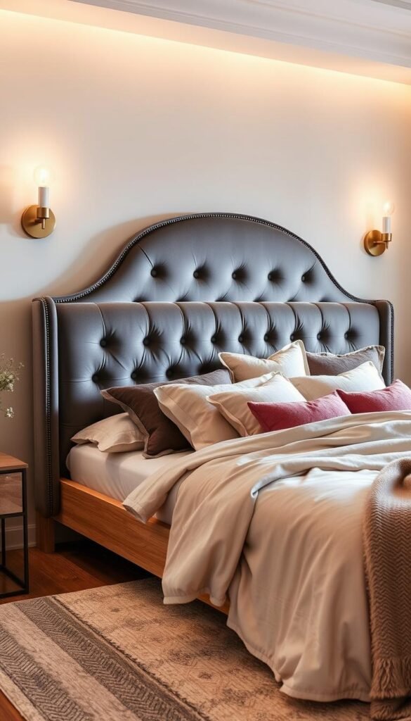 A luxurious, modern statement headboard bed frame in a cozy, soft, and feminine bedroom setting. The headboard is made of plush velvet in a deep, jewel-toned color, with intricate tufting patterns and a subtly arched silhouette. The bed frame has clean, minimalist lines and is crafted from a warm, natural wood, contrasting beautifully with the headboard. Soft, diffused lighting from sconces on the wall casts a gentle glow, creating a serene and inviting atmosphere. The bed is adorned with layers of lush, textured bedding in a complementary palette of neutrals and pastels, evoking a sense of comfort and relaxation. The overall scene exudes a cozy, elegant, and sophisticated ambiance.