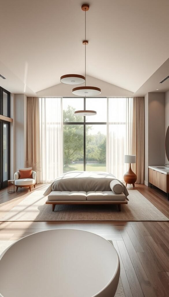 A luxurious, open-concept master bedroom suite bathed in natural light. The focal point is a plush, king-size bed framed by floor-to-ceiling windows, offering a serene garden view. Soft, textured area rugs and minimalist furniture define distinct living and sleeping zones, creating a seamless flow. Dramatic pendant lights hang above a low, built-in bench, inviting relaxation. Sheer curtains filter the sunlight, casting a warm, diffused glow. Muted, earthy tones and natural wood accents evoke a tranquil, spa-like ambiance. A freestanding soaking tub and modern vanity sit in an open, airy ensuite, blurring the lines between private and communal spaces. This open concept layout prioritizes comfort, style, and a sense of retreat within the master suite. A luxurious, open-concept master bedroom suite bathed in natural light. The focal point is a plush, king-size bed framed by floor-to-ceiling windows, offering a serene garden view. Soft, textured area rugs and minimalist furniture define distinct living and sleeping zones, creating a seamless flow. Dramatic pendant lights hang above a low, built-in bench, inviting relaxation. Sheer curtains filter the sunlight, casting a warm, diffused glow. Muted, earthy tones and natural wood accents evoke a tranquil, spa-like ambiance. A freestanding soaking tub and modern vanity sit in an open, airy ensuite, blurring the lines between private and communal spaces. This open concept layout prioritizes comfort, style, and a sense of retreat within the master suite.