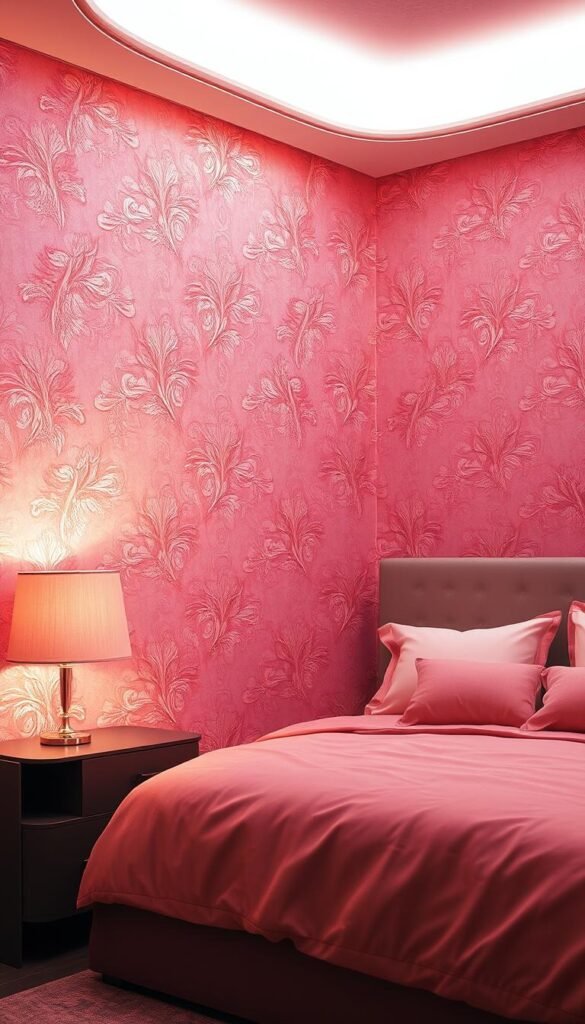 A luxurious pink patterned wallpaper design, elegantly adorning the walls of a sophisticated bedroom. The wallpaper features a delicate, intricate floral motif in shades of soft, blush pink and subtle metallic accents, creating a tranquil and harmonious atmosphere. The lighting is warm and flattering, illuminating the textured surface and highlighting the depth and dimension of the pattern. The overall composition exudes a sense of refined elegance, perfectly complementing the serene and calming mood of the space.