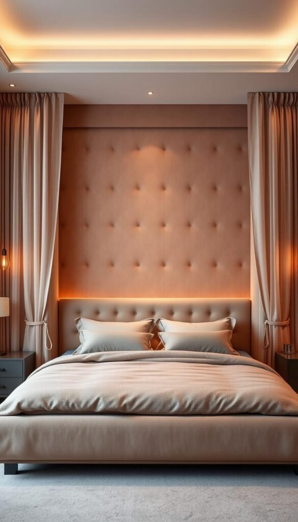 A luxurious statement bed design, featuring a grand, high-tufted headboard in a rich, velvet-like fabric. The bed stands as the focal point of the space, bathed in warm, ambient lighting that casts a cozy, inviting glow. Delicate, sheer curtains frame the bed, adding a touch of softness and privacy. Plush, textured bedding in muted, feminine hues completes the visually striking, yet relaxing aesthetic. The overall scene evokes a sense of modern sophistication and comfort, making it the perfect centerpiece for a cozy, modern feminine bedroom. A luxurious statement bed design, featuring a grand, high-tufted headboard in a rich, velvet-like fabric. The bed stands as the focal point of the space, bathed in warm, ambient lighting that casts a cozy, inviting glow. Delicate, sheer curtains frame the bed, adding a touch of softness and privacy. Plush, textured bedding in muted, feminine hues completes the visually striking, yet relaxing aesthetic. The overall scene evokes a sense of modern sophistication and comfort, making it the perfect centerpiece for a cozy, modern feminine bedroom.