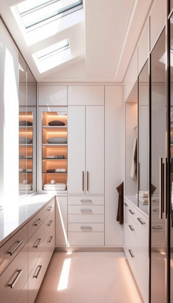A luxurious walk-in wardrobe with sleek, modern cabinetry in a soft, neutral palette. Warm, diffused lighting casts a cozy glow, highlighting the elegant design details - polished chrome accents, plush textiles, and meticulously organized storage solutions. The space feels airy and spacious, with full-length mirrored walls that create an illusion of depth. Strategically placed skylights allow natural light to filter in, casting dynamic shadows and adding depth. High-end finishes, such as marble or stone countertops, lend an air of sophistication. The overall atmosphere is one of tranquility and refined elegance.
