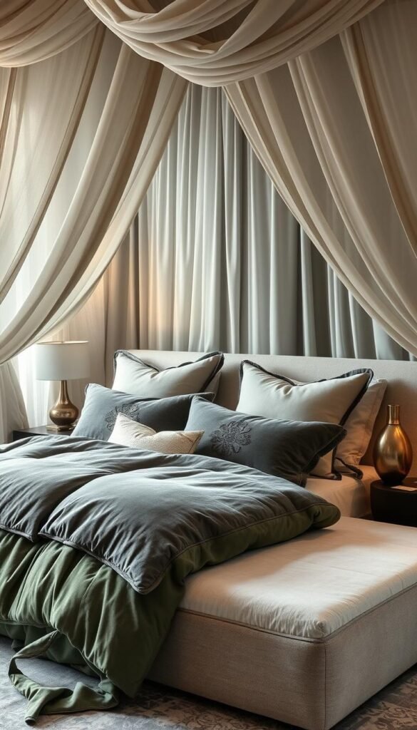 A luxuriously layered bedscape with plush, oversized pillows in a muted palette of sage, charcoal, and cream. Ornate, velvety bedding cascades over a low-profile platform bed, creating a sumptuous, cocoon-like ambiance. Dramatic, filmy canopy drapes frame the scene, casting soft, warm light across the scene. Carefully arranged accent pieces, such as a burnished brass table lamp and a sculptural, organic vase, add visual depth and tactile interest. The overall effect is one of refined comfort and opulence, perfect for a serene, restful retreat.
