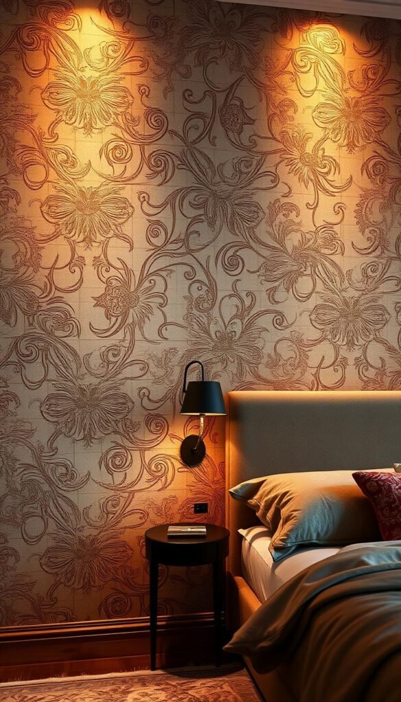 A luxuriously textured bedroom wallpaper, illuminated by warm, diffused lighting that creates a cozy, intimate ambiance. The surface features intricate patterns and dimensional elements, evoking a sense of depth and grandeur. Delicate brushstrokes and subtle sheen add depth and sophistication, while a muted, earthy color palette lends an elegant, timeless quality. The wallpaper seamlessly blends into the room's architecture, creating a harmonious, enveloping atmosphere that exudes refined opulence. Captured at a slightly elevated angle to highlight the wallpaper's alluring textures and patterns, the image conveys a sense of refined luxury and timeless style.