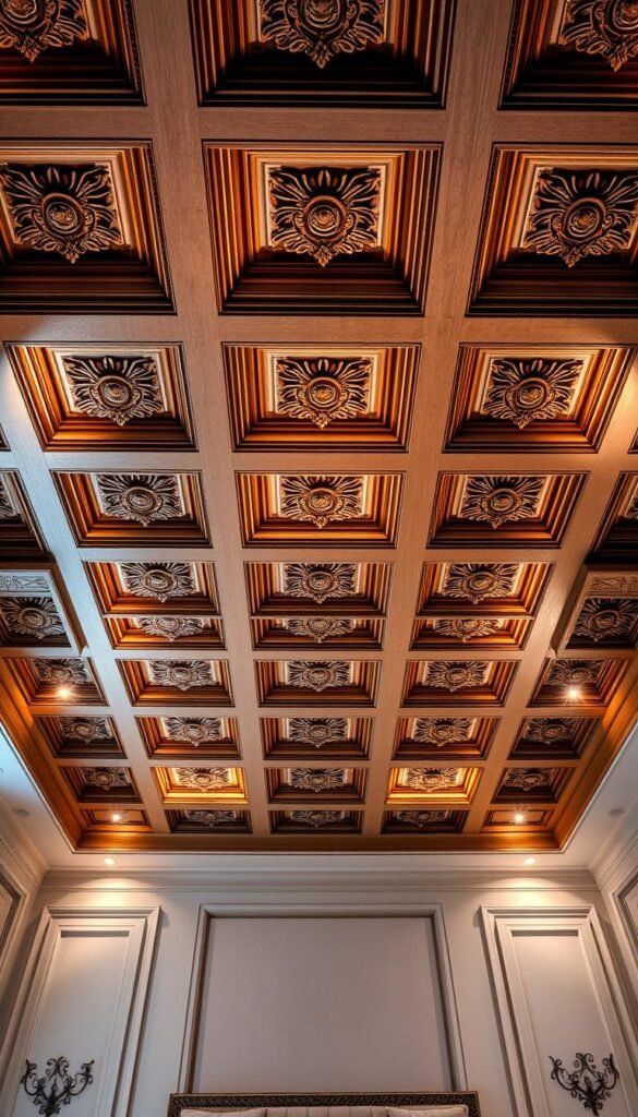 A magnificent coffered ceiling design, exuding grandeur and timeless elegance. Intricate square panels, adorned with ornate moldings, create a mesmerizing pattern that captivates the eye. Warm, soft lighting casts a gentle glow, casting shadows that accentuate the depth and texture of the design. The ceiling's warm, wooden tones blend seamlessly with the room's neutral palette, establishing a harmonious and luxurious ambiance. Precisely crafted, this coffered ceiling design evokes a sense of classical sophistication, perfect for a modern bedroom setting that demands a touch of grandeur and character.