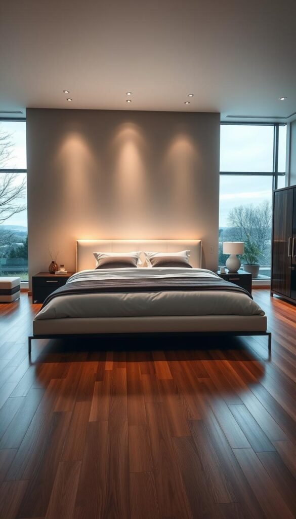 A meticulously crafted modern bedroom suite, showcasing a king-size bed with plush bedding, flanked by sleek nightstands and a grand armoire. The room is illuminated by soft, warm lighting, casting a cozy glow across the pristine hardwood floors. Minimalist decor and clean lines create an elegant, serene ambiance, while large windows provide a picturesque view of a tranquil outdoor scene. This complete bedroom set exudes sophistication and functionality, embodying the pinnacle of contemporary design. A meticulously crafted modern bedroom suite, showcasing a king-size bed with plush bedding, flanked by sleek nightstands and a grand armoire. The room is illuminated by soft, warm lighting, casting a cozy glow across the pristine hardwood floors. Minimalist decor and clean lines create an elegant, serene ambiance, while large windows provide a picturesque view of a tranquil outdoor scene. This complete bedroom set exudes sophistication and functionality, embodying the pinnacle of contemporary design.