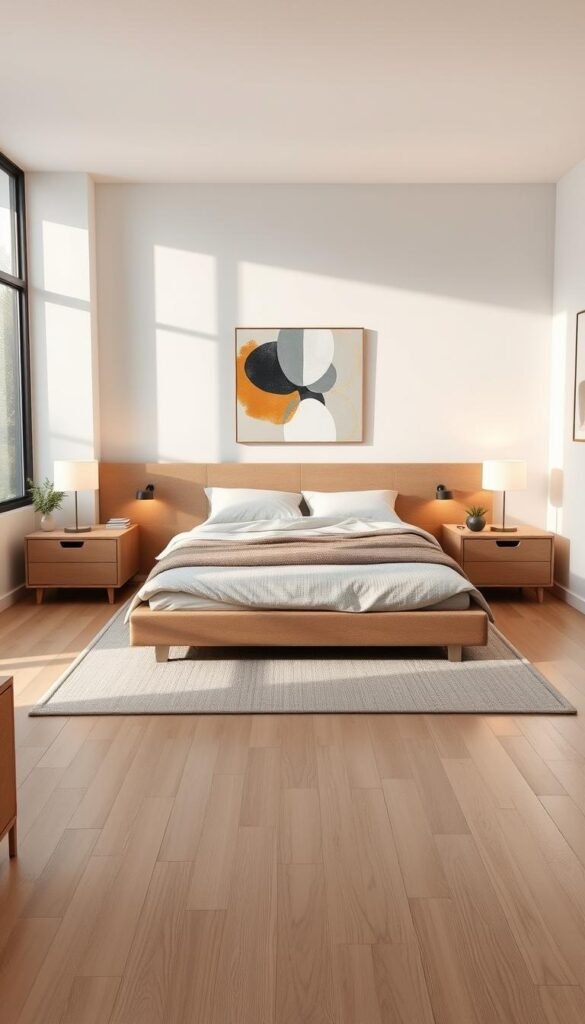A meticulously decluttered and organized modern bedroom, with a minimalist aesthetic. The space features a low-profile platform bed with plush bedding, flanked by sleek nightstands. Warm lighting from a pair of minimalist table lamps casts a cozy glow. The floor is covered in a neutral-toned area rug, complementing the light wood flooring. The walls are adorned with abstract artwork, creating a harmonious visual balance. Large windows allow natural light to flood the room, giving it a bright and airy ambiance. This carefully curated layout emphasizes clean lines, functionality, and a sense of tranquility, reflecting the "Warm Modern Bedroom Aesthetic" theme.