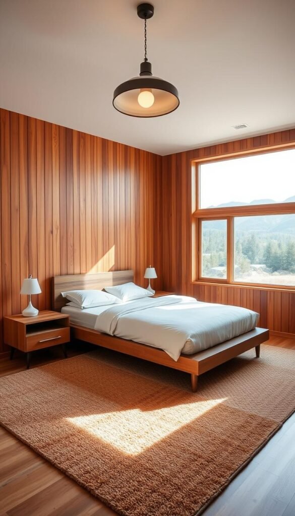 A mid-century modern bedroom bathed in warm, natural light, featuring vertical wood paneling that spans the walls, creating a cozy and inviting atmosphere. The room is furnished with a low-profile, platform bed dressed in crisp, clean linens, and complemented by a pair of sleek, minimalist nightstands. A shag rug in an earthy tone grounds the space, while a large, picture window offers a picturesque view, blending the indoors with the outdoors. Overhead, a mid-century inspired pendant light casts a soft, ambient glow, contributing to the vintage-inspired, yet contemporary feel of the room.