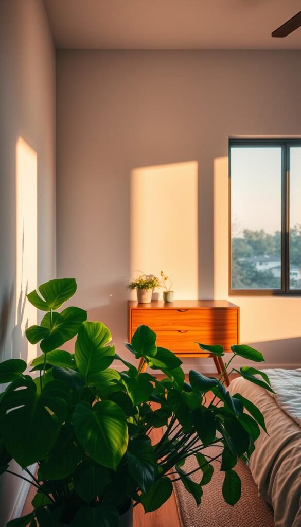 A mid-century modern bedroom bathed in warm, soft lighting. In the foreground, an array of lush, vibrant indoor plants - monstera deliciosa, fiddle-leaf fig, and pothos - stand as a verdant centerpiece, casting playful shadows on the wall. The middle ground features a low, sleek wooden dresser with angular legs and a simple yet elegant design, complementing the room's aesthetic. In the background, a large window offers a glimpse of the outside world, allowing natural light to filter in and creating a harmonious, biophilic atmosphere. The overall scene exudes a sense of calm, balance, and connection to nature, perfectly capturing the essence of mid-century modern design. A mid-century modern bedroom bathed in warm, soft lighting. In the foreground, an array of lush, vibrant indoor plants - monstera deliciosa, fiddle-leaf fig, and pothos - stand as a verdant centerpiece, casting playful shadows on the wall. The middle ground features a low, sleek wooden dresser with angular legs and a simple yet elegant design, complementing the room's aesthetic. In the background, a large window offers a glimpse of the outside world, allowing natural light to filter in and creating a harmonious, biophilic atmosphere. The overall scene exudes a sense of calm, balance, and connection to nature, perfectly capturing the essence of mid-century modern design.