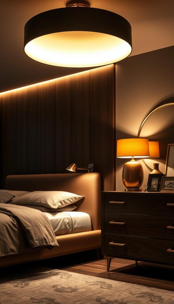 A mid-century modern bedroom with a warm, moody atmosphere. The focal point is a sleek, metallic bedside lamp casting a soft, golden glow across the room. Smooth, brushed-metal accents adorn the dresser and nightstands, complementing the rich, dark wood tones. Strategically placed metallic vases, picture frames, and other decor items add subtle touches of sophistication. Dramatic lighting from a large, dimmable overhead fixture illuminates the space, creating deep shadows and highlights that enhance the luxurious, yet cozy, feel. The overall composition emphasizes clean lines, geometric shapes, and a harmonious balance of materials and textures.
