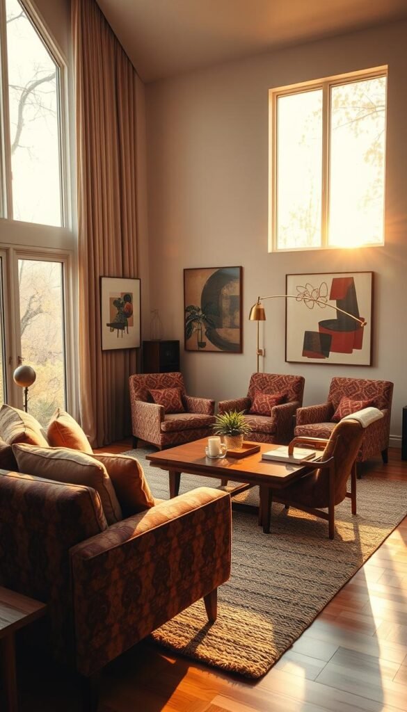 A mid-century modern living room, bathed in warm, golden light filtering through large windows. In the foreground, a plush, patterned sofa in earthy tones, complemented by matching throw pillows and a textured area rug. In the middle ground, a sleek, teak coffee table surrounded by a pair of armchairs upholstered in a vibrant, geometric fabric. The walls are adorned with abstract art prints, and a sleek, brass floor lamp casts a soft glow over the scene. The overall atmosphere is one of timeless elegance and comfort, capturing the essence of mid-century modern design. A mid-century modern living room, bathed in warm, golden light filtering through large windows. In the foreground, a plush, patterned sofa in earthy tones, complemented by matching throw pillows and a textured area rug. In the middle ground, a sleek, teak coffee table surrounded by a pair of armchairs upholstered in a vibrant, geometric fabric. The walls are adorned with abstract art prints, and a sleek, brass floor lamp casts a soft glow over the scene. The overall atmosphere is one of timeless elegance and comfort, capturing the essence of mid-century modern design.