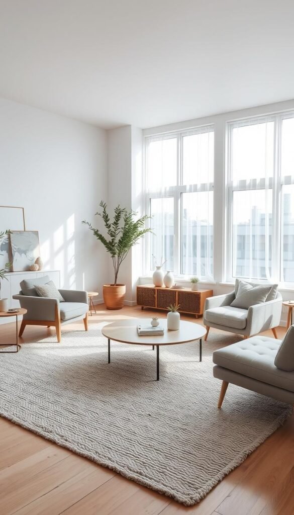A minimalist Scandinavian living room, flooded with soft natural light filtering through floor-to-ceiling windows. Clean lines, muted color palette of whites, grays, and natural wood tones. A plush, textured area rug grounds the space, complemented by sleek, minimalist furniture - a low-profile couch, armchair, and coffee table. Accents of greenery and simple, decorative pieces add subtle pops of color. The room exudes a sense of calm, simplicity, and functionality, embodying the essence of Scandinavian design principles.