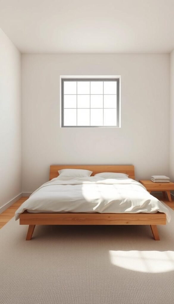 A minimalist bedroom design process, with a focus on creating an inviting atmosphere. The foreground features a clean, uncluttered space with a low-profile bed frame, soft bedding, and a minimalist nightstand. The middle ground showcases a large window, allowing natural light to flood the room, casting gentle shadows. The background is a serene, neutral-toned wall, accentuating the simplicity of the design. The overall lighting is soft and diffused, creating a calming, peaceful ambiance. The camera angle is slightly elevated, capturing the harmonious balance of the space. Subtle textures, such as the wood grain and fabric, add depth and tactility to the minimalist aesthetic.