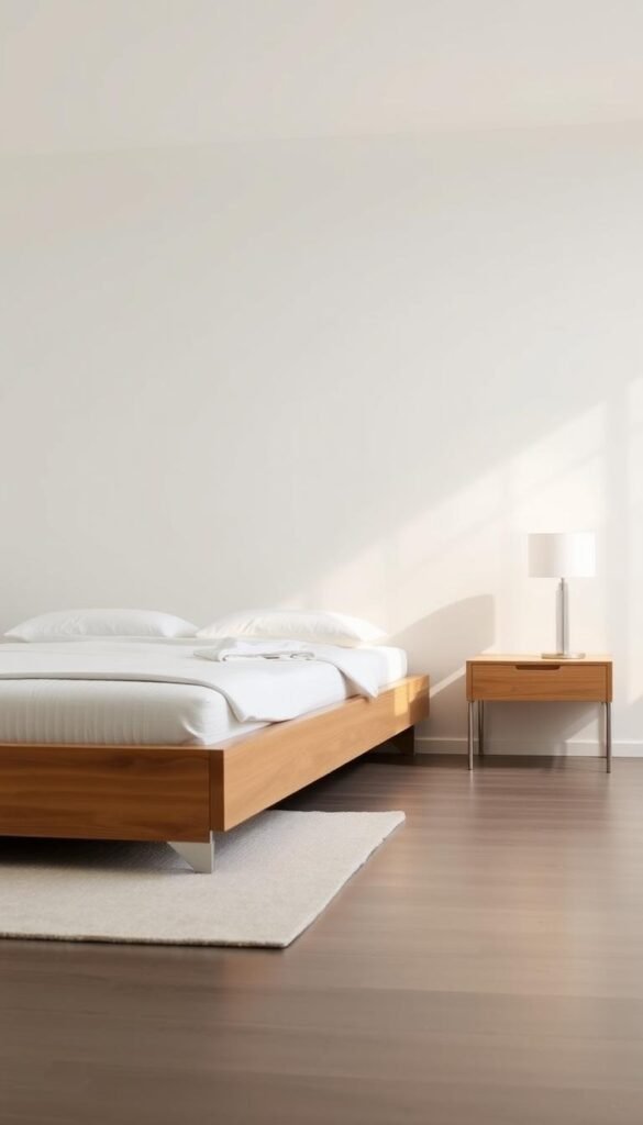 A minimalist bedroom featuring a clean-lined platform bed with a low-profile, solid wood frame, paired with a simple nightstand with a smooth, unadorned surface and sleek metal legs. In the background, a serene, white-washed wall creates a calm, uncluttered atmosphere, while soft, diffused lighting from a pair of minimalist table lamps casts a warm, inviting glow. The scene exudes a sense of modern, pared-down elegance, with every element working in harmony to create a peaceful, restful ambiance.