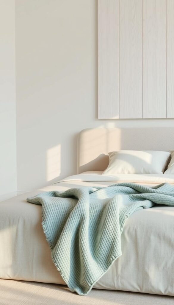 A minimalist bedroom in soft pastel hues, with a focus on tactile textures that add depth and interest without overwhelming the space. The foreground features a plush, textured throw blanket in a muted blue-green tone, draped casually over the edge of a low-profile platform bed. The middle ground showcases a linen-upholstered headboard with a subtle herringbone pattern, accentuated by gentle shadows from warm, diffused lighting. In the background, a whitewashed wood accent wall provides a clean, serene backdrop, its surface textured with delicate brush strokes. The entire scene exudes a sense of tranquility and refined simplicity, inviting the viewer to experience the calming atmosphere through tactile elements. A minimalist bedroom in soft pastel hues, with a focus on tactile textures that add depth and interest without overwhelming the space. The foreground features a plush, textured throw blanket in a muted blue-green tone, draped casually over the edge of a low-profile platform bed. The middle ground showcases a linen-upholstered headboard with a subtle herringbone pattern, accentuated by gentle shadows from warm, diffused lighting. In the background, a whitewashed wood accent wall provides a clean, serene backdrop, its surface textured with delicate brush strokes. The entire scene exudes a sense of tranquility and refined simplicity, inviting the viewer to experience the calming atmosphere through tactile elements.