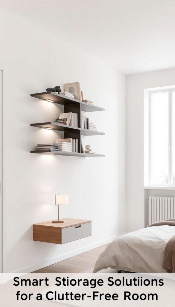 A minimalist bedroom with a clean, airy ambiance. The foreground showcases a floating wall-mounted shelving unit with sleek, recessed lighting, providing ample storage space for books, decor, and personal items. The middle ground features a low-profile nightstand with a single drawer and a minimalist table lamp. The background depicts a tranquil, white-walled room, with a large window allowing natural light to flood the space, creating a serene and inviting atmosphere. The overall scene conveys a sense of order, simplicity, and functionality, perfectly aligning with the "Smart Storage Solutions for a Clutter-Free Room" concept.