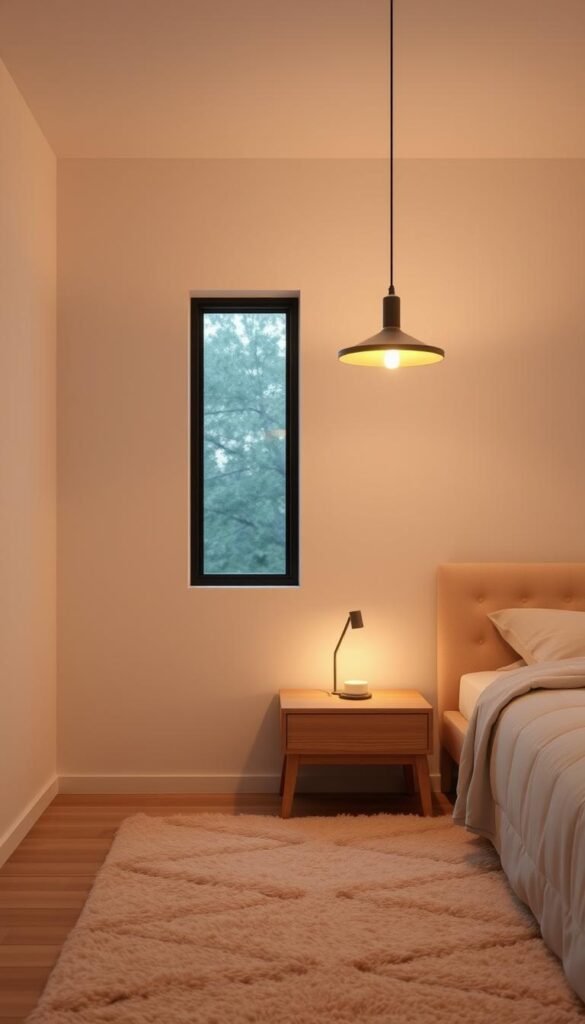 A minimalist bedroom with a warm, inviting ambiance. A single, sleek pendant light casts a gentle glow, illuminating a wooden nightstand and a plush, textured rug. The walls are painted in a soft, neutral tone, creating a calming atmosphere. A large window allows natural light to filter in, complementing the artificial lighting. The overall composition is balanced, with clean lines and a focus on simplicity and functionality, reflecting the modern minimalist aesthetic.