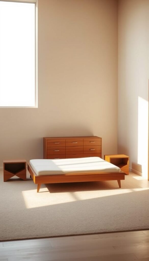 A minimalist bedroom with clean-lined mid-century modern furniture. Soft, warm lighting illuminates the scene, casting gentle shadows and highlighting the smooth contours of the pieces. In the foreground, a low-profile platform bed with a simple, streamlined headboard. Flanking it, a pair of angular nightstands with smooth wood surfaces. In the middle ground, a sleek dresser with minimalist hardware. The background features a large window, allowing natural light to filter in and create a serene, airy atmosphere. The overall aesthetic is one of simplicity, functionality, and timeless elegance.